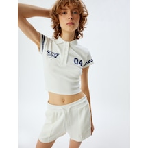Koton Polo Yaka Crop Tişört Baskılı Kısa Kollu Düğmeli Ekru 4sal11102ık Ekru