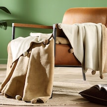 Ponponlu Pamuk Battaniye Çift Kişilik 200x220 Krem Bej Krem