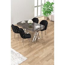 Canisa Zae Serisi 90x168 Lak Panel Antrasit Ironi Krom Ayak Masa Takımı 4 Siyah Sandalye Antrasit İroni Masa Sandalye Siyah Ayaklar Krom
