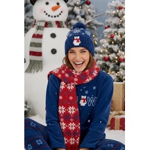 Siyah İnci Temalı Nakışlı Polar Kışlık Örme Pijama Takım 25222078 Lacivert