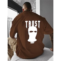 Trust Baskılı Oversize Tişört Kahverengi