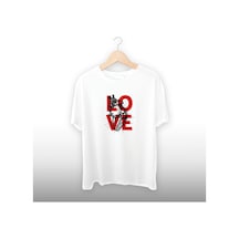 Love Kalp Kırmızı Detaylı Unisex Tişört Beyaz
