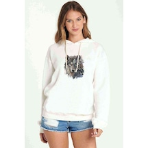 Wolf Face Metal Rock Music Müzik Baskılı Beyaz Kadın Kapşonlu Sw