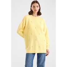 Olcay Taş Detaylı Soft Kumaş Oversize Triko Kazak Sarı 8290