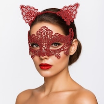 Romantik Kırmızı Dantel Maske Seti Kedi Kulaklı Taç Ve Maske 3 No - Özel Seri E153-e240-3 Yetişkin