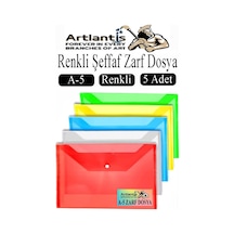 A5 Çıtçıtlı Dosya Şeffaf Renkli Zarf Dosya 5 Renk 17x22 Cm Çıt Çıtlı Dosya Su Geçirmez 50 Yaprak Kapasiteli