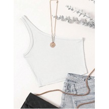 Liona Asimetrik Yaka Kolsuz Tek Omuz Askılı Beyaz Renk Fitilli Crop Top Bluz Beyaz