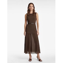 Koton Slim Fit Bisiklet Yaka Kolsuz Kemerli Tül Detaylı Uzun Elbise Kahverengi 6sak80078pw Kahve