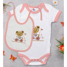 Bk Kids Sevimli Ayıcık Tasarımlı Pembe Bebek Body Zıbın Ve Mama Önlüğü Hediye Seti-2 Çok Renkli