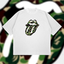 Tarzsokak A Bathing Ape X Rolling Stones Green Boxy Fit Oversize Unisex Tshirt Baskılı Tiş Beyaz