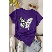 Kelebek Papatya Baskılı Süprem Mor T-shirt - Oversize Bisiklet Yaka Tişört Mor-280288