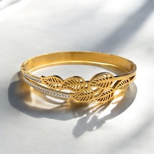 Kırmızı Sanat Evi Gold Yaprak Detaylı Taşlı Zarif Çelik Kelepçe
