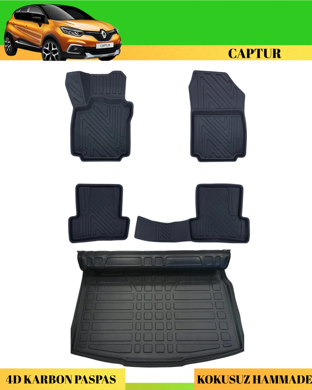 Renault Captur 2013-2019 Araca Özel Üretim 4d Havuzlu Karbon Paspas Takımı + 3d Bagaj Havuzu