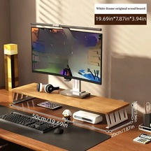 Motion003 Ergonomik Ahşap Monitör Standı Yükseltici Bej Çerçeve Kütük Tahta 50 Cm Büyük Çift Ekran Masa Rafı L Şeklinde Bacaklı