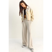 Shade Kadın Şerit Detaylı Kontrast Dokulu Ceket Wide Leg Pantolon Takım 8075 60286154 - Bej