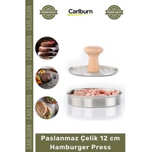 Özel Üretim Paslanmaz Çelik Gövde Ahşap Saplı Izgara Desenli Köfte Şekillendirici 12 Cm Hamburger Pr