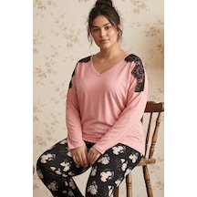 Siyah İnci Somon Desenli Büyük Beden Battal Boy Viskon Örme Pijama Takım 26224812