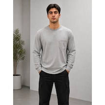 Bisiklet Yaka Gri Sweatshirt Uzun Kollu Kışlık 2 İplik