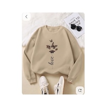 Herkesemoda Love Kelebek Baskılı 2 İplik Şardonlu Bisiklet Yaka Sweatshirt Bej