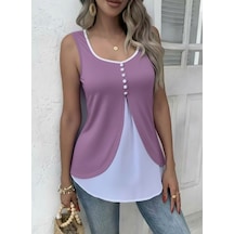 Veraura Lifestyle Kadın Askılı Önden Düğmeli Asimetrik Detaylı Çift Renkli Viskon Bluz Mor