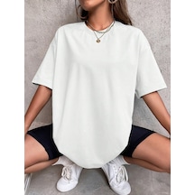 Düz T-shirt - Beyaz Oversize Bisiklet Yaka Kısa Kol Tişört Beyaz