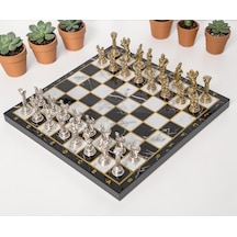 Lüks Metal Satranç Takımı Krom Kaplama Pegasus Atları & Klasik Mermer Desenli Siyah Tahta 20 Cm.