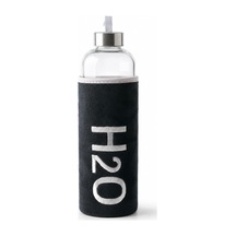 Deconox Peluş Kılıflı Cam Matara 1000 Ml, Siyah H2o Nakışlı Kılıf, Taşıma Askılı Metal Görünüml Şeffaf