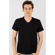 Tudors Slim Fit Dar Kesim V Yaka Düz Basıc Kısa Kol T-Shirt-16654 Siyah