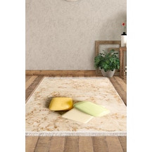 Alanur Home Kaymaz Dijital Mutfak & Salon Halı Trend Saçaklı Mermer E5033 krem