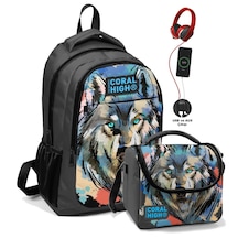 Coral High Erkek Çocuk Okul Çantası Ve Beslenme Çantası Seti USB ve AUX Çıkışlı - Siyah Gri Kurt