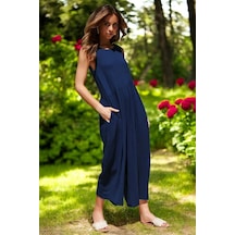 Sırt Detaylı Şık Keten Tulum Lacivert