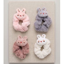 4'lü Set Tavşan Figürlü Kiraz Nakışlı Peluş Scrunchie Lastik Toka Çok Renkli