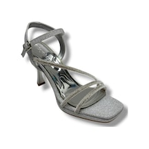 Erbay 688-26 Parlak Simli Saten 3 Bant Orta Topuk Kadın Sandalet 10cm Gümüş
