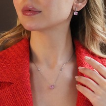 Pembe Zirkon Taşlı Prenses Kesim Gümüş Set Gümüş