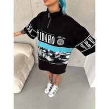 Wear Vexel Kadın Baskılı Yarım Fermuarlı Kısa Kol T-shirt - Siyah Çok Renkli