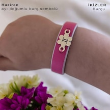 Haziran Ayı Doğumlarına 14 Ayar Altın Plakalı Çiçek Motifli Doğal Pembe Derili Hediye Bileklik-383ay Haziran
