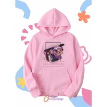 Çocuk Unisex Blackpink Kızlar Baskılı Oversize Kapüşönlü Sweatshirt Pembe