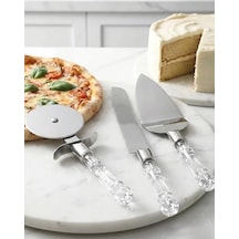 3lü Görünümlü Saplı Çelik Servis Seti Pizza Kesici Kek Bıçağı Pasta Spatulası