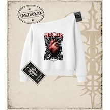 Tarzsokak Gotik & Grunge Streetwear Amore Halftone Kayık Yaka Sweatshirt Beyaz