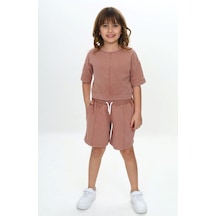 Toontoy Kids Toontoy Kız Çocuk 2'li Takım Baskılı Bisiklet Yaka T-shirt & Beli Lastikli Cepli Şort - Nervür Detaylı & Yıkamalı Kahverengi