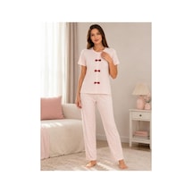 Pijamask Kadın Pudra Pembe Baskılı Kısa Kollu Pijama Takımı Açık Pembe