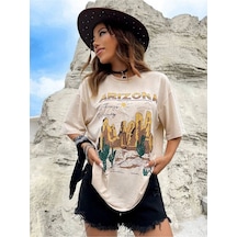 Unisex Bej Arizona Baskılı Oversize Bisiklet Yaka T-shirt 001