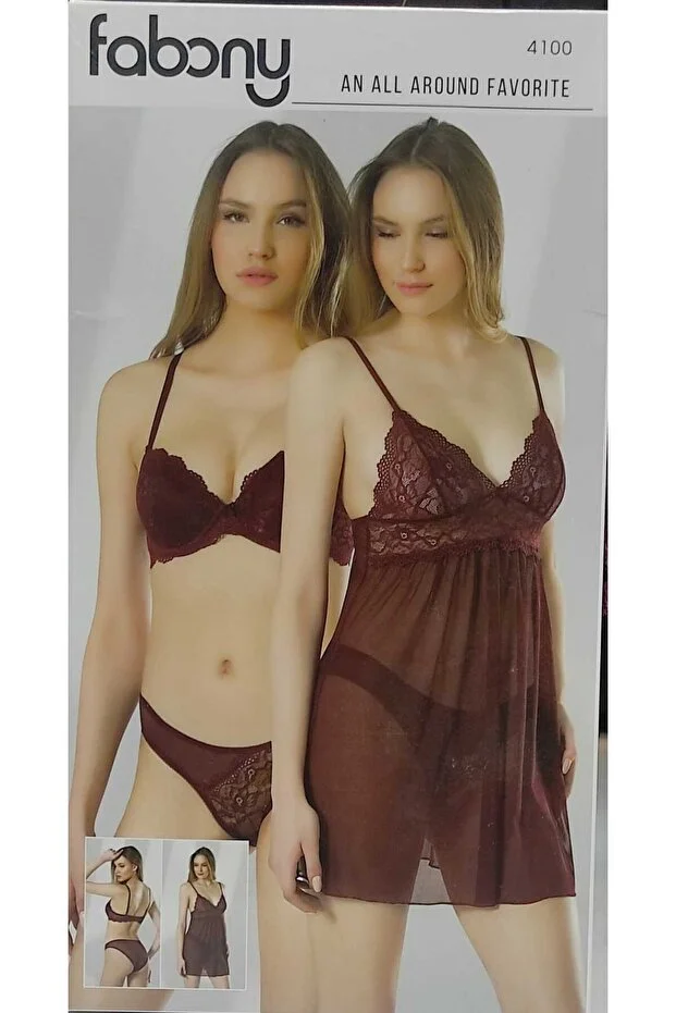 Fabony Kadın Bordo 3'lü Gecelik Sütyen Takım- 4100