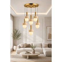 Eskitme Premium Gold Traverten Taşlı 6'lı Sarkıt Avize 3 Renk Led Salon Yemek Odası Avizesi 30w Beyaz