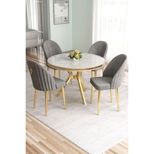 Canisa Mos Serisi 90x90 Lak Panel Beyaz Mermer Desen Gold Kaplama Mutfak Masası Takımı Ve 4 Gri Sandalye Beyaz Mermer Desen Masa Sandalyeler Gri Gold Ayak