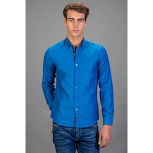 Tudors Slim Fit Dar Kesim Uzun Kol Poplin Oxford Erkek Gömlek-15569 Lacivert