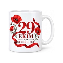 29 Ekim Cumhuriyet Gelincik Çiçekli Porselen Kupa - Kırmızı Beyaz Tasarım - Model 260