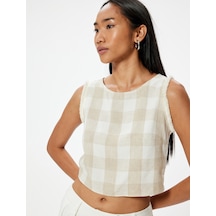 Koton Keten Karışımlı Crop Oversize Üst Kolsuz Yuvarlak Yaka Kareli Bej Ekose 4sak30018uw Bej