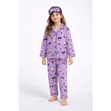 Beka Kids Desenli Uzun Kollu Önden Düğmeli Gömlek Yaka Kız Çocuk Pijama Takımı Ve Göz Bandı Mor
