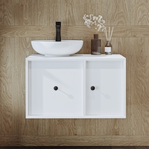 Gusto Ayaksız Oval Lavabolu Mdf 75 Cm Çekmeceli Banyo Dolap Beyaz Mat Beyaz
